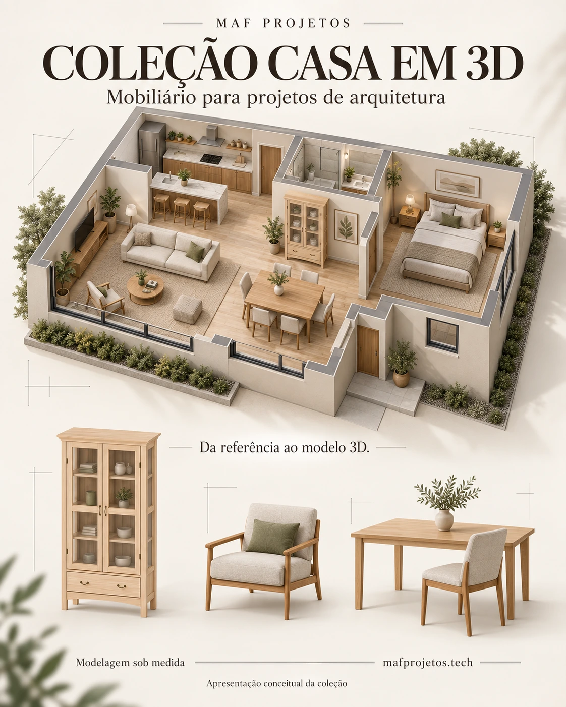 Apresentação conceitual em 3D de ambientes residenciais e mobiliário