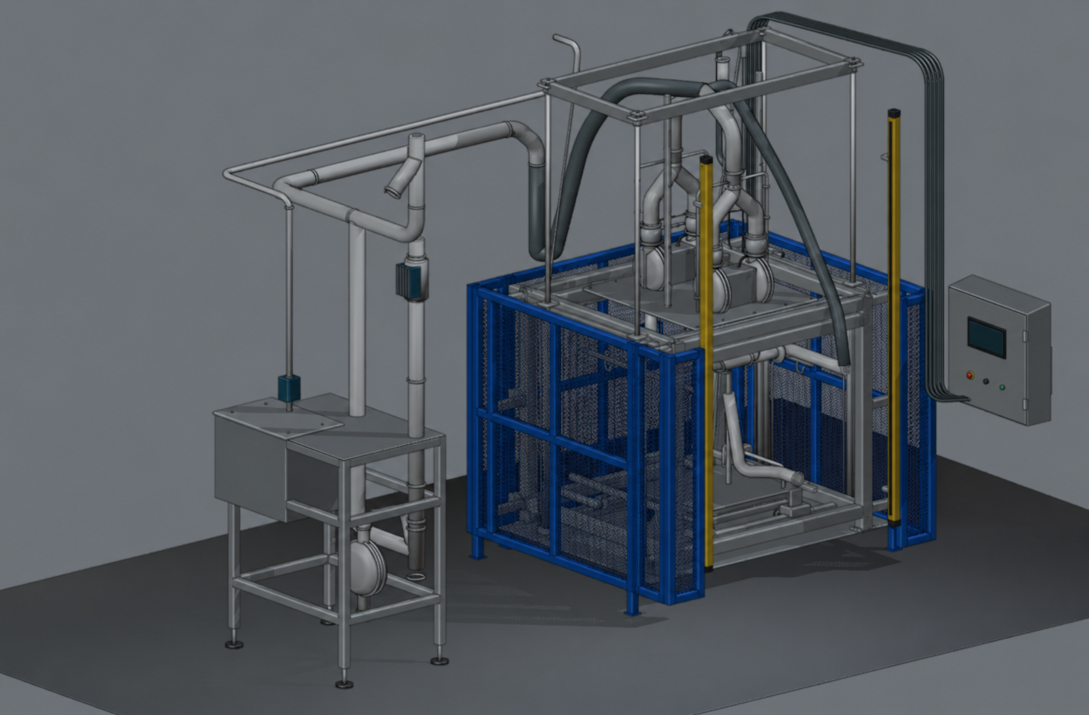 Projeto NR-12: fechamento da máquina com gradis azuis.